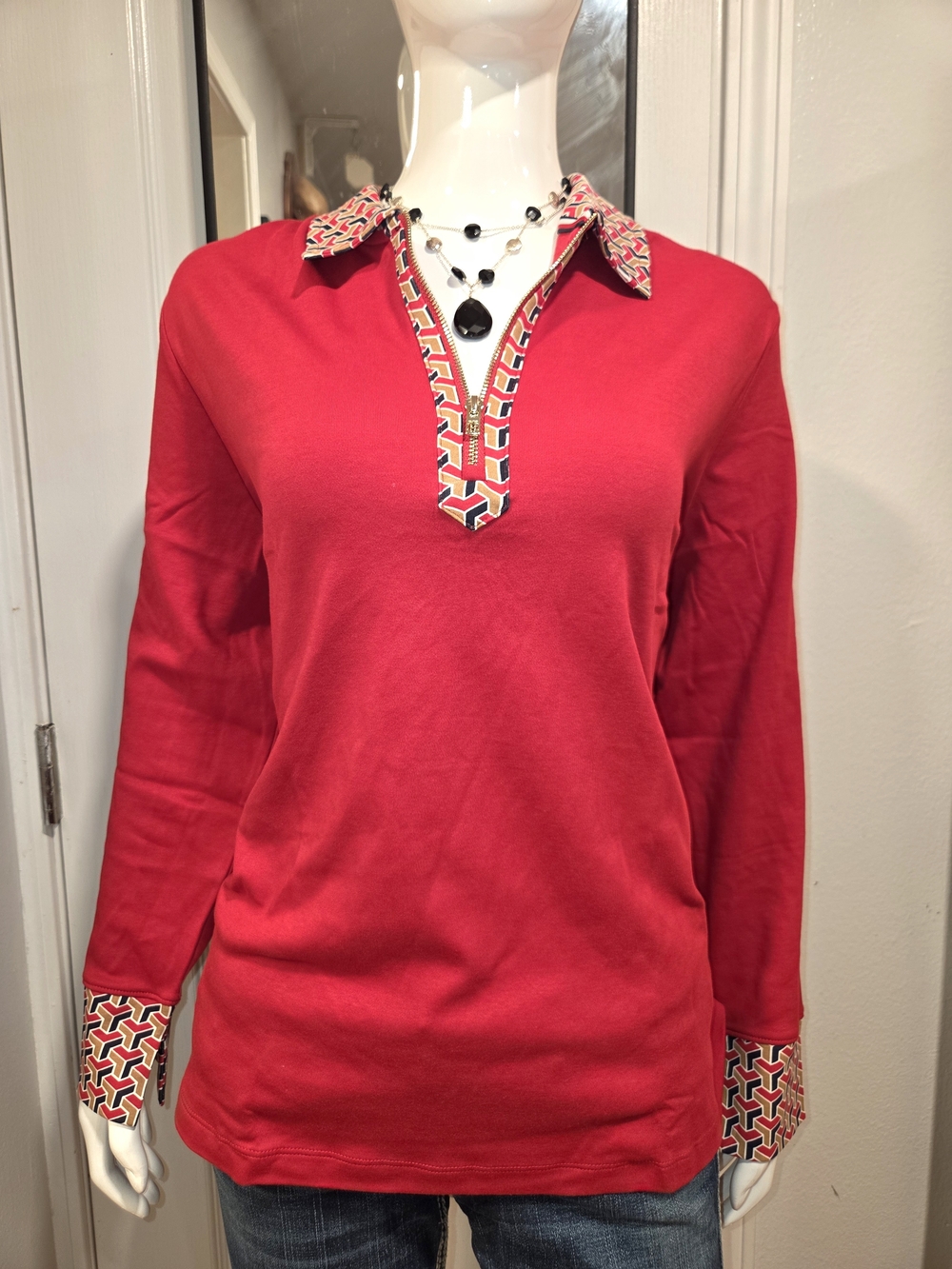 Tommy Hilfiger NWT Red Long-Sleeve Polo Top with Geometric Trim Sz 1X